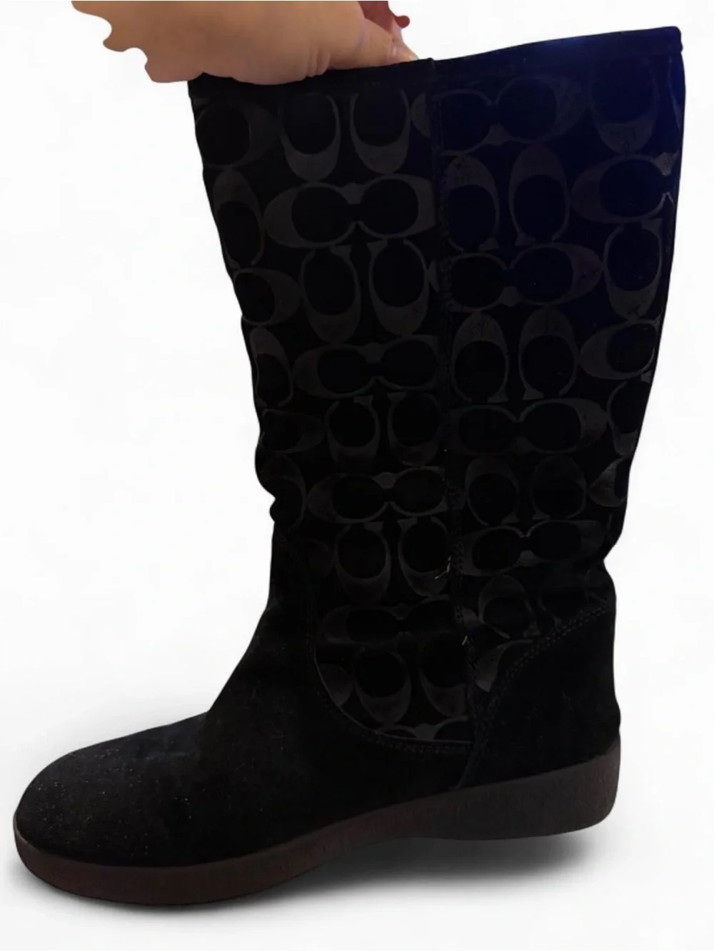 COACH Black Suede Signature Monogram Mid Calf Boots Women's Size 8B Buckle